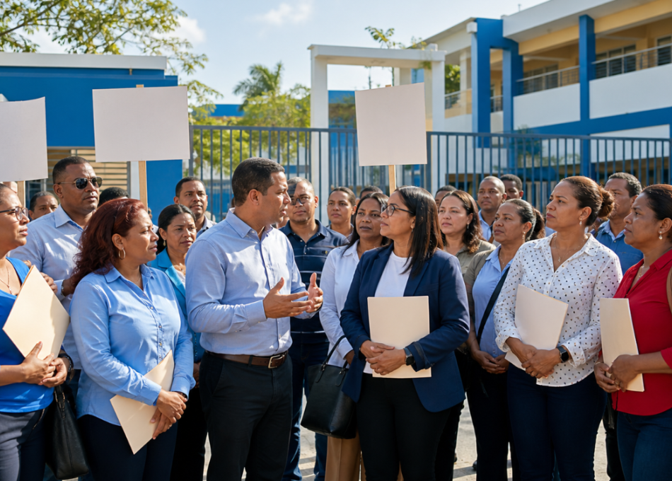 Docentes reunidos frente a una escuela pública dominicana