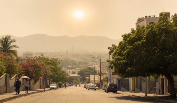 Ciudad dominicana bajo calor intenso y presencia de polvo del Sahara