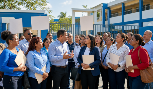 Docentes reunidos frente a una escuela pública dominicana