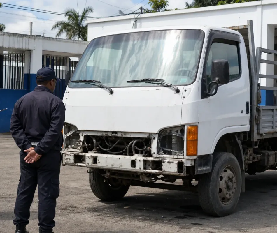 Camión blanco recuperado y examinado por agentes policiales en San Cristóbal