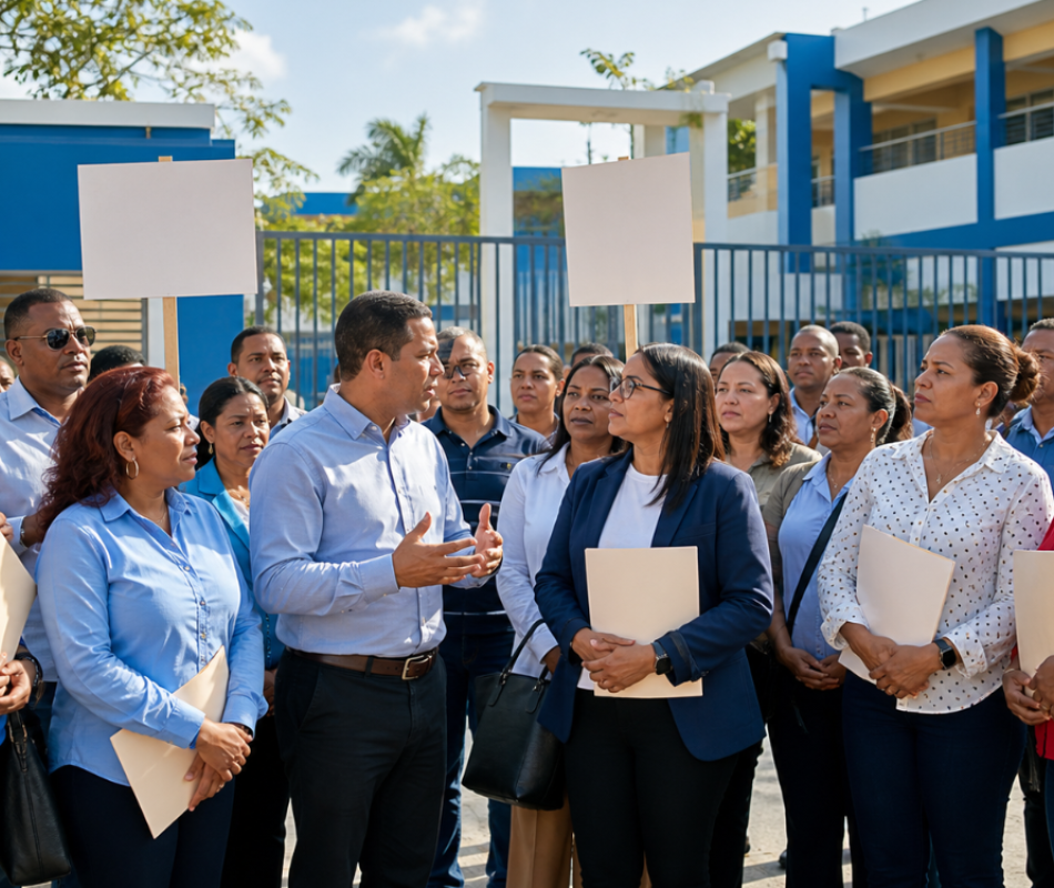 Docentes reunidos frente a una escuela pública dominicana