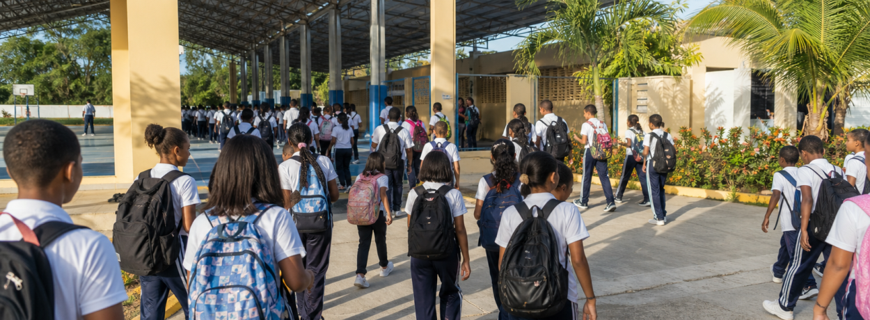 Estudiantes dominicanos llegan a una escuela pública al inicio del año escolar 2026