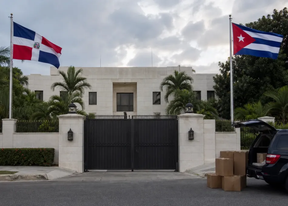 Representación editorial de las banderas de República Dominicana y Cuba frente a una sede diplomática